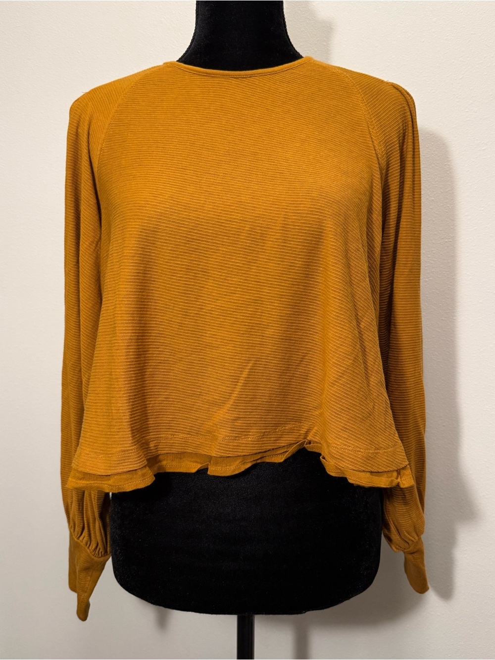 Free People Mustard Ribbed Long-Sleeve Ruffle Hem Top